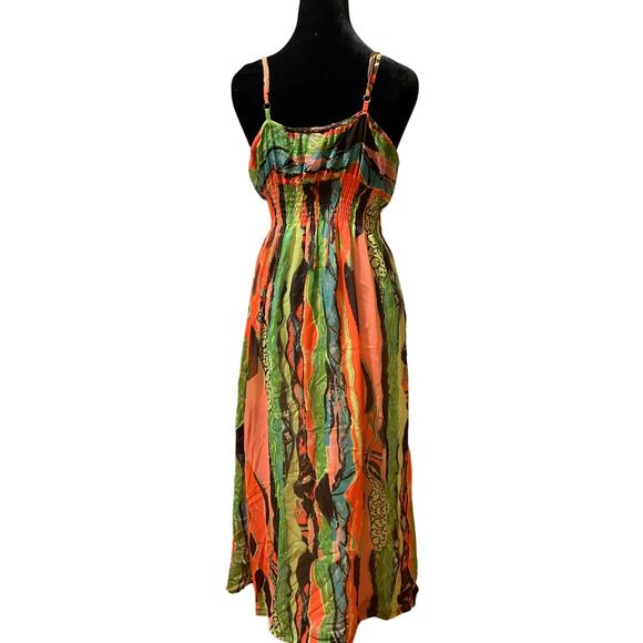 VTG Y2K Colorful Neon Maxi L Dress Watercolor Babydoll Abstract Artsy Resort - Picture 2 of 3